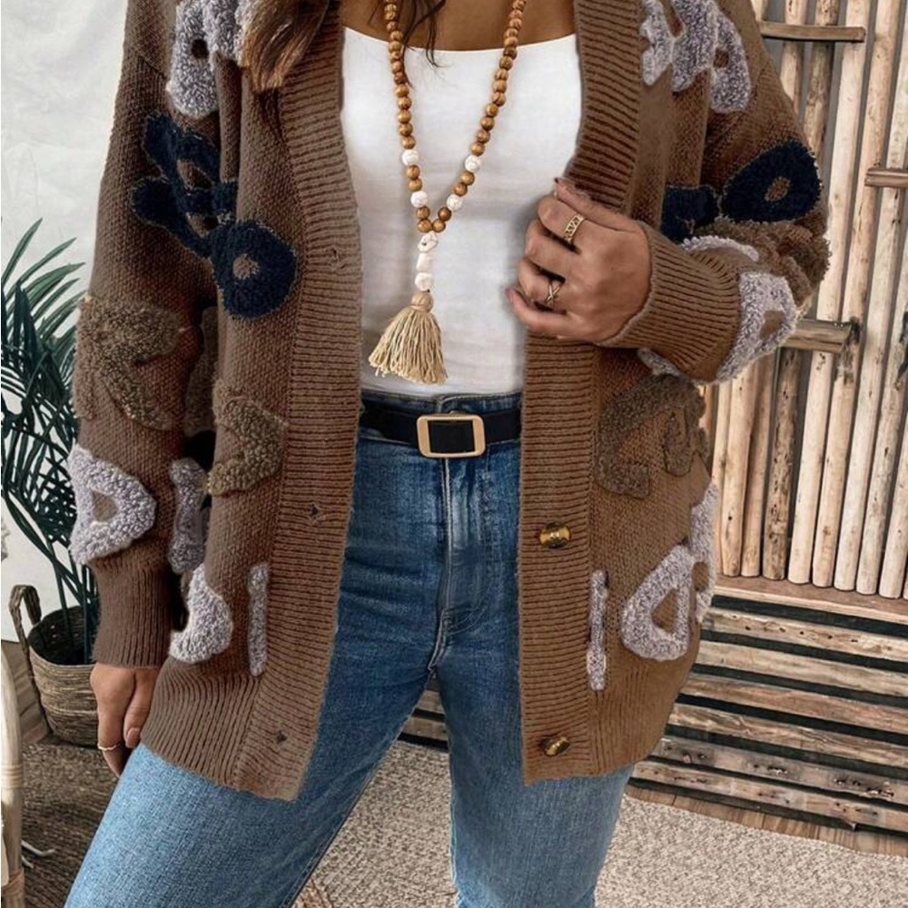 SHEIN Brown and Gray Patterned Cardigan